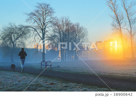 Woman running in park during foggy morning Woman running in park during foggy morning 38900642