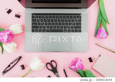 New laptop, dairy, tulips flowers, glasses, pen New laptop, dairy, tulips flowers, glasses, pen 38901644