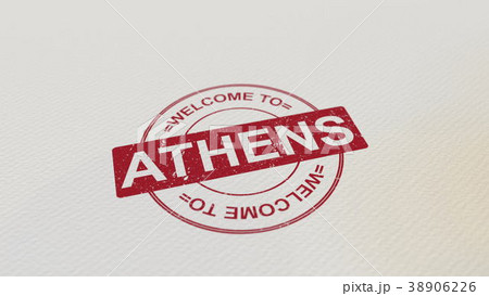 WELCOME TO ATHENS stamp red print on the paper. 3D 38906226