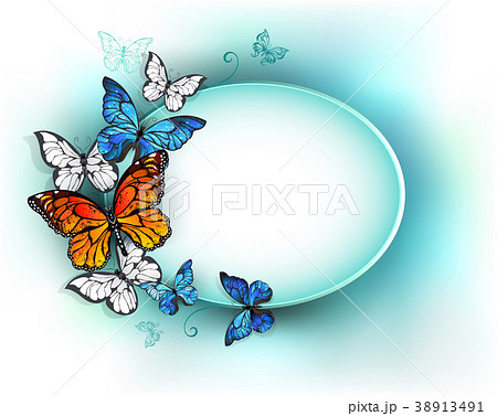 Oval banner with summer butterflies 38913491
