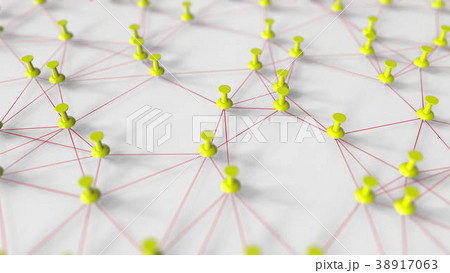 Many yellow pushpins and threads compose a grid on 38917063