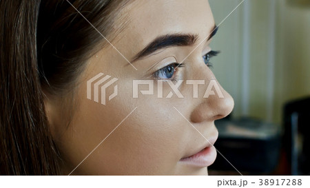 Eyebrows Care. Closeup Of Woman Beautiful Blue Eye 38917288