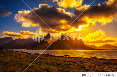 Sunset over the mountains of Lofoten islands  38926875