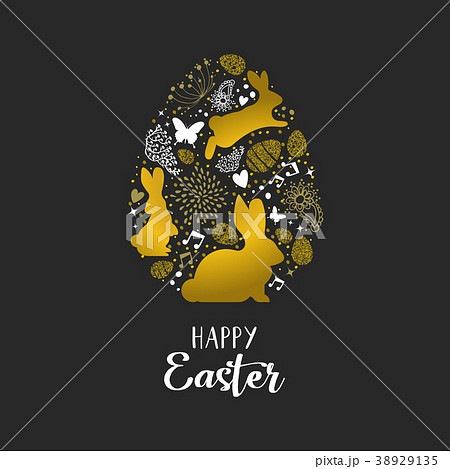 Happy Easter gold glitter card of rabbits and eggs 38929135