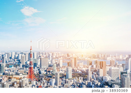 aerial city skyline with tokyo tower, japan 38930369