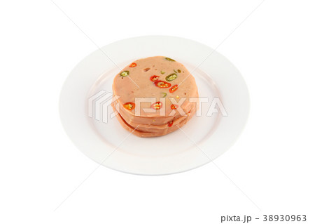 Pork bologna stack with chili dish. Pork bologna stack with chili dish. 38930963