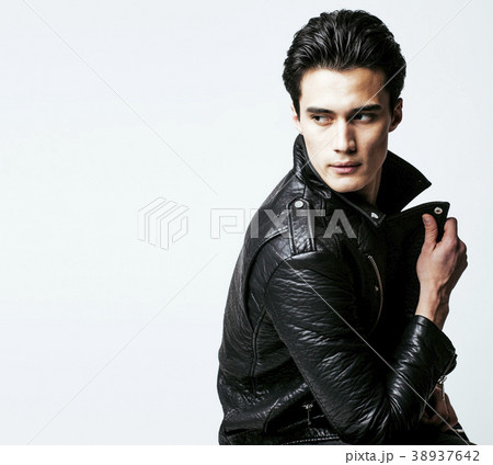 young handsome man, leather jacked on naked torso 38937642