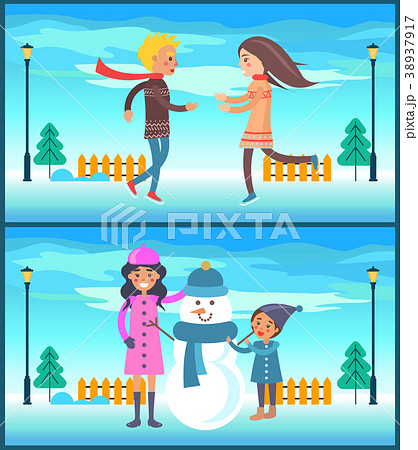 Happy Couple Boy and Girl Running, Mother Snowman 38937917