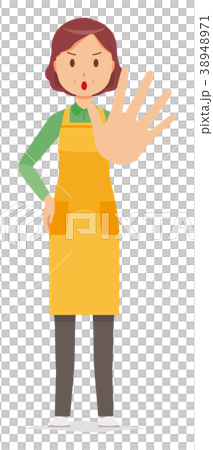 A middle-aged housewife wearing an apron offers a hand 38948971