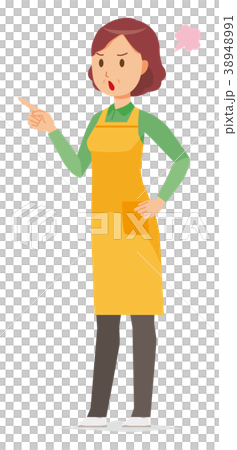 Middle-aged housewife wearing an apron is angry and pointing a finger Middle-aged housewife wearing an apron is angry and pointing a finger 38948991