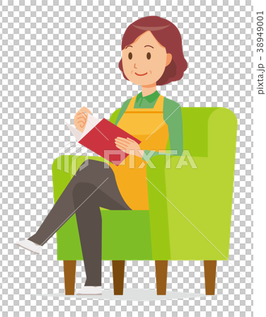 Middle-aged housewife with apron sitting on the sofa and reading 38949001