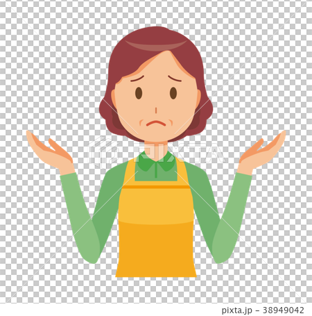 エプロンをつけた中年主婦が肩をすくめている エプロンをつけた中年主婦が肩をすくめている 38949042