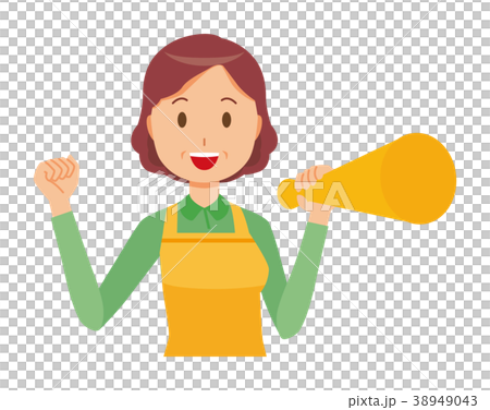 Middle aged housewife with apron holding a megaphone 38949043