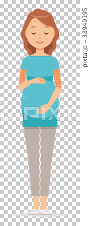 グリーンの服を着た妊婦が笑顔でお腹を見ている 38949195