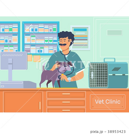 Veterinarian examining a dog in animal hospital Veterinarian examining a dog in animal hospital 38953423