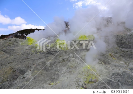 吹き出す水蒸気と硫黄・硫黄山 38955634