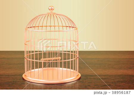 Golden bird cage on the wooden table. 3D rendering 38956187