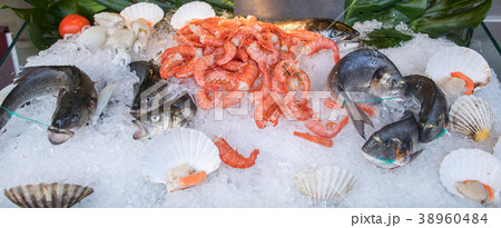 Seafood on ice at the fish market. Seafood on ice at the fish market. 38960484