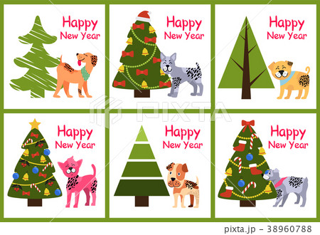 Happy New Year Posters Set Christmas Trees Puppies 38960788