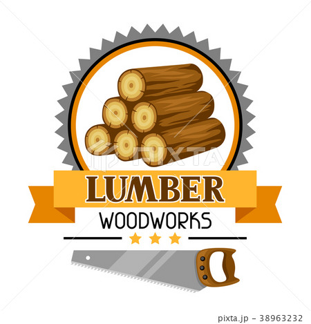 Lumber label with wood stack and saw. Emblem for 38963232