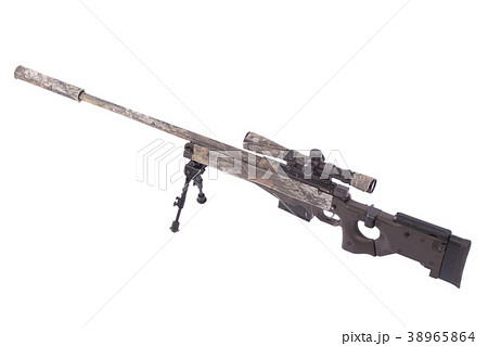 camouflaged modern sniper rifle with scope 38965864