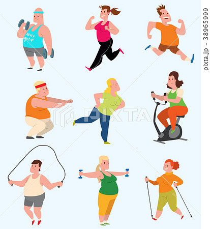 Vector sport fatty people fitness gym color flat Vector sport fatty people fitness gym color flat 38965999
