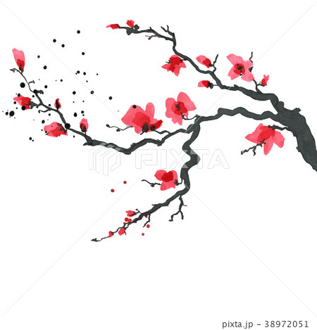 Sakura tree in Japanese style. Watercolor hand 38972051
