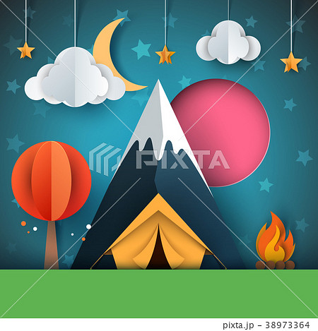 Cartoon paper landscape. Tree, mountain, fire 38973364
