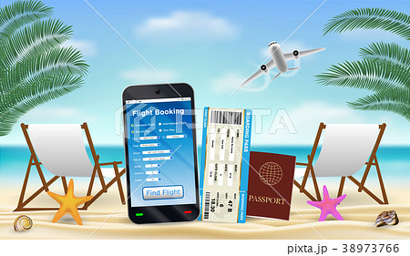 smartphone with online flight booking app on beach 38973766