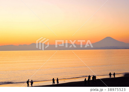 富士が美しい夕方の江の島海岸 38975523