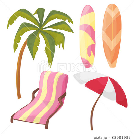 Beach Icon Set - cartoon equipment - lounger, palm Beach Icon Set - cartoon equipment - lounger, palm 38981985