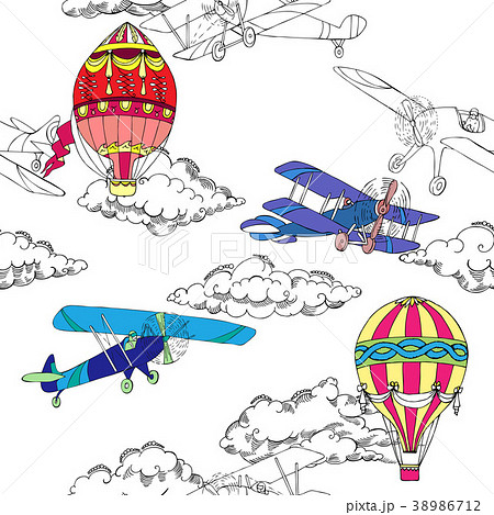 Seamless pattern with air balloons and airplanes 38986712