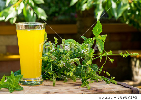 Glass of Juice with Peppermint in the Garden. 38987149