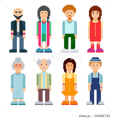 People characters set. Colourful pixel art style.  38988703