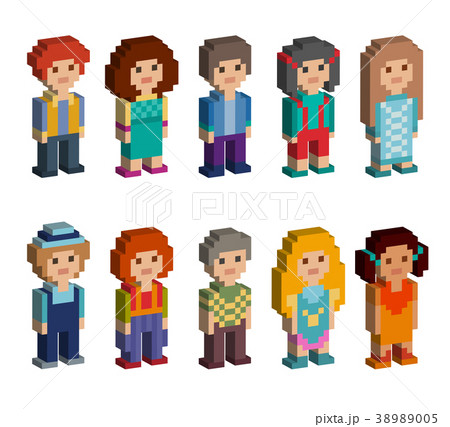 Set of cute pixel art style isometric characters 38989005