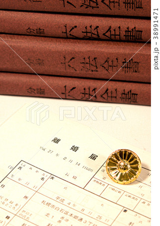 弁護士バッジと六法全書と離婚届け 38991471