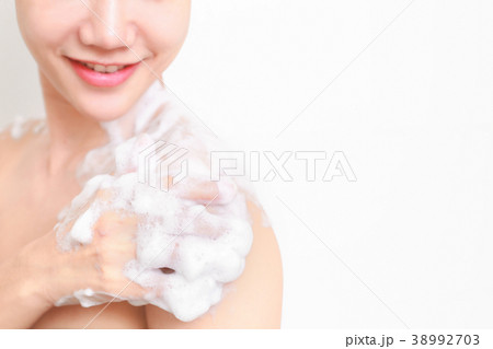 Beautiful girl washing body shower gel in bathroom Beautiful girl washing body shower gel in bathroom 38992703