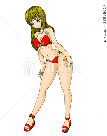 絵　手描き　ドローイング　赤いビキニ姿の女性 絵 手描き ドローイング 赤いビキニ姿の女性