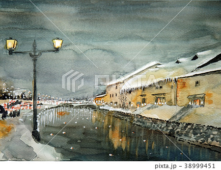 小樽運河の雪景色をを描いた手書きのイラスト画。冬の北海道観光の人気