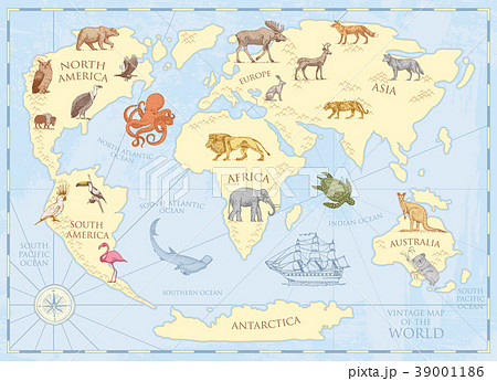 Vintage world map with wild animals and mountains 39001186
