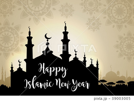 Happy islamic new year with silhouette mosque on g Happy islamic new year with silhouette mosque on g 39003005