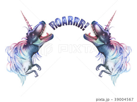 Watercolor tyrannosauruses with unicorn horn and 39004567