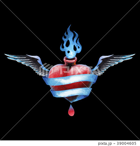 Watercolor winged flaming heart with ribbon 39004605