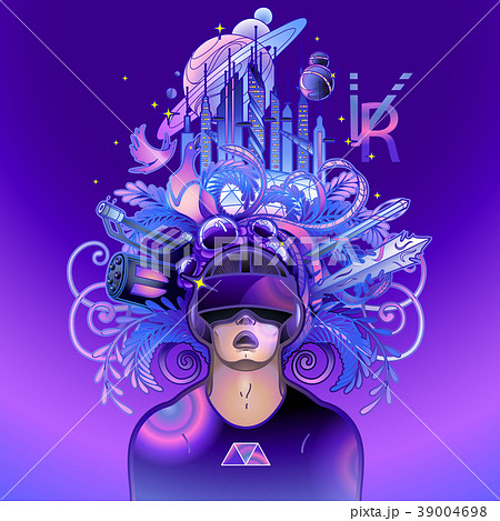 Graphic man wearing virtual reality headset Graphic man wearing virtual reality headset 39004698