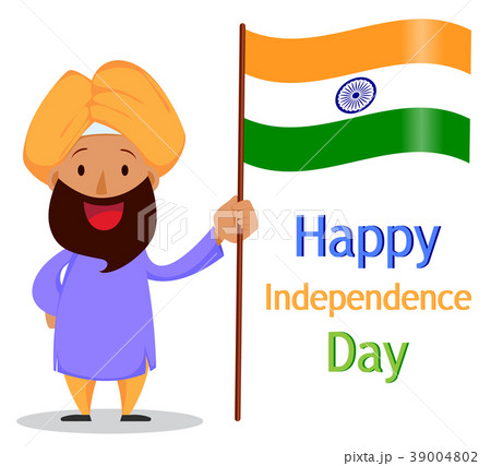 Indian bearded man in turban holding national flag 39004802