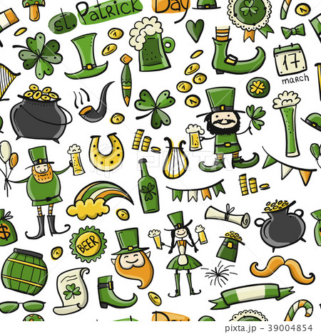 Saint Patrick Day Set Icons Seamless Pattern Forのイラスト素材