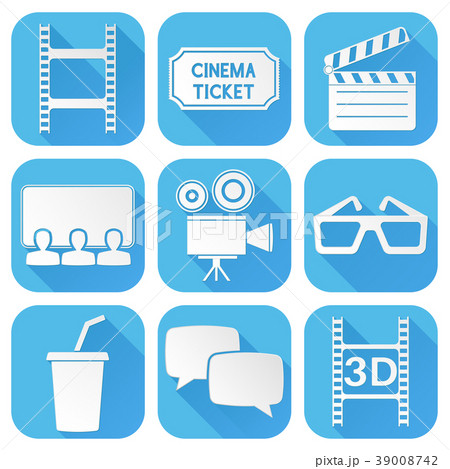 Cinema icons set. Blue square signs with movie 39008742