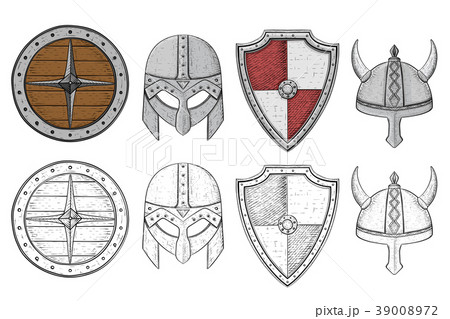 Shields and helmets. Viking equipment. Hand drawn Shields and helmets. Viking equipment. Hand drawn 39008972