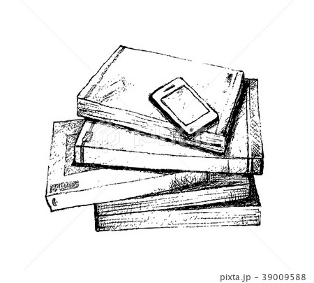 Hand Drawn Stack of Books with Smart Phone 39009588