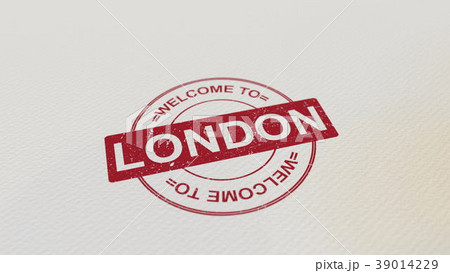 WELCOME TO LONDON stamp red print on the paper. 3D 39014229